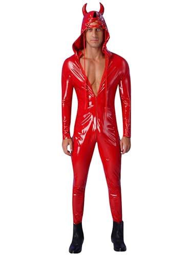 FEESHOW Herren Wetlook Body Lackleder Overall Lack Latex Ganzanzug Reizwäsche Nachtclub Ganzkörper Kostüm Rot_A 4XL von FEESHOW