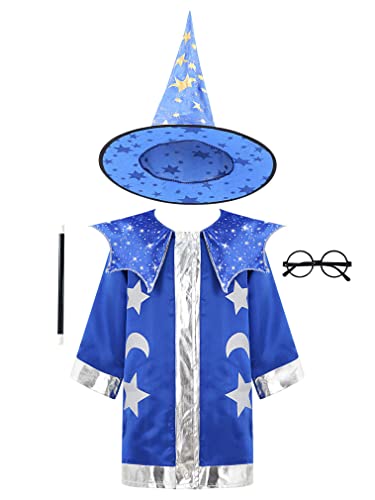 FEESHOW Kinder Halloween Kostüm Zauberer Umhang mit Hut Zauberstab Brille Wizard Witch Cape Cosplay Requisiten Set für Jungen Mädchen Blau 92-98/2-3 Jahre von FEESHOW