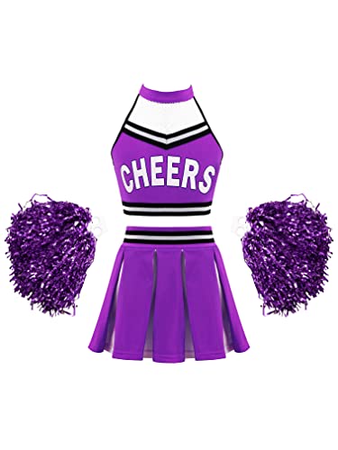FEESHOW Kinder Mädchen Cheer Kostüm Cheerleading Unform Kleid mit Pompoms Tanz Party Fasching Karneval Kostüm Outfit B_Violett 134-140/9-10 Jahre von FEESHOW