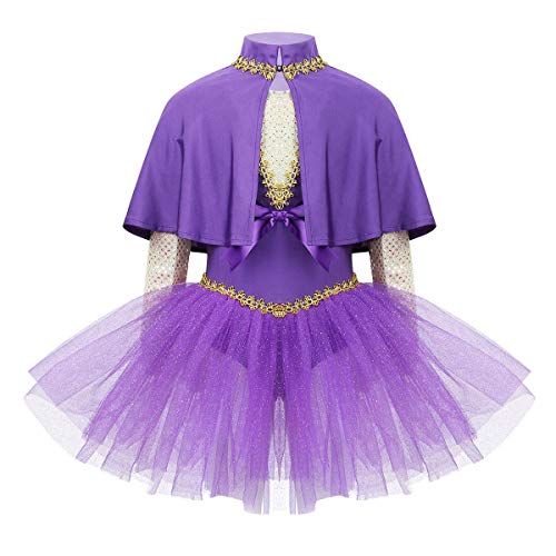 FEESHOW Kinder Mädchen Showman Kostüm Glitter Ballett Trikot Kleid Cape Mesh Armstulpen Halloween Cosplay Outfit Lila Violett 116/6 Jahre von FEESHOW
