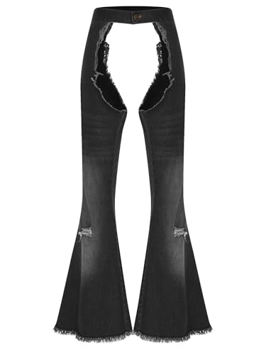 FEESHOW Männer Unisex Erwachsene Damen Westliche Kostüme Für Erwachsene Cowgirl Halloween Costumes Für Cosplay Weite Beinkleider Damen Denim-Chaps Black L von FEESHOW