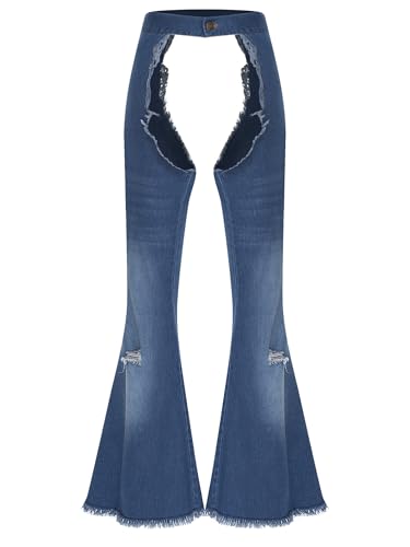 FEESHOW Männer Unisex Erwachsene Damen Westliche Kostüme Für Erwachsene Cowgirl Halloween Costumes Für Cosplay Weite Beinkleider Damen Denim-Chaps Blue XL von FEESHOW