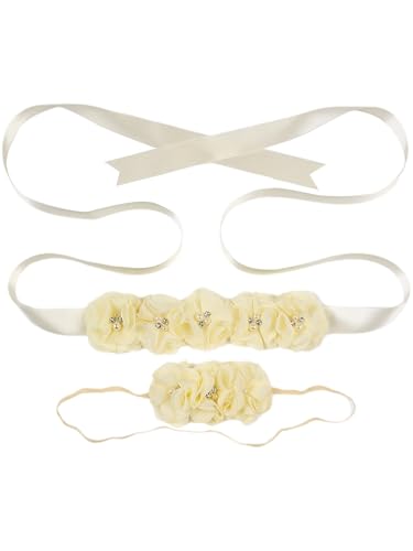 FEESHOW Mutterschaft Fotoshooting Gürtel Blumen Stirnband Set Für Hochzeit Schwangere Babyparty Geschlechtsoffenbarung Cremeweiß Einheitsgröße von FEESHOW
