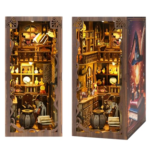 Book Nook DIY Miniatur Holzpuzzle: Booknook Puppenhaus Minihaus mit LED-Leuchten, DIY Holzpuzzle Book Nook Kit 3D Puppenhaus Buchstütze für Bücherregal Dekoration Kreative Geschenke(Magische Nacht) von FEIMUOSI