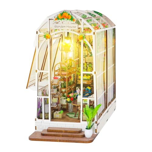 DIY Book Nook Kit: Miniatur Holzpuzzle Booknook, 3D Puzzles Garden House mit LED Lampe, Book Nook Holz Bookshelf Diorama Modelbau Bücherregal Deko zum Baue Geschenk für Erwachsene von FEIMUOSI