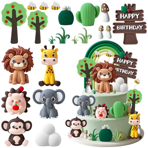 FEMBW Tortendeko Tiere Set, 22 Stück Dschungel Kuchendeko Wild One Geburtstag Deko Torte, Waldtiere Cake Topper Dschungel Themed Party Kuchen Dekoration für Kinder Junge Mädchen von FEMBW