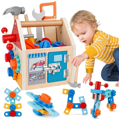FEMBW Werkzeugkoffer Kinder Werkzeug ab 2 Jahre, 33 Stück Kinderwerkzeug Schrauben Spielzeug, Holzspielzeug ab 3 Jahre, Montessori Spielzeug Werkzeug Motorik Lernspiele 2 3 4 Jahre von FEMBW
