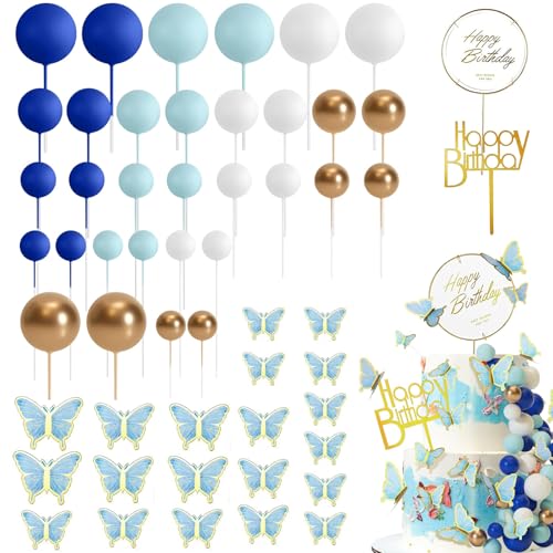 54 Stück Tortendeko Kugeln Cake Topper, Schmetterling Deko Geburtstag, Happy Birthday Tortendeko Kugeln, Torten Deko, Cake Topper, Baby Geburtstag (Blau) von FENGJIAHUI