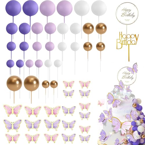 54 Stück Tortendeko Kugeln Cake Topper, Schmetterling Deko Geburtstag, Happy Birthday Tortendeko Kugeln, Torten Deko, Cake Topper, Baby Geburtstag (Lila/rosa) von FENGJIAHUI