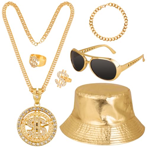 FENGQ 6pcs Hip Hop Kostüm Kit, Dollar Kette Set, 90er Jahre Outfit Goldener Fischerhut Halskette Ring Sonnenbrille Rapper Zubehör, 70er Jahre Zuhälter Kostüm Accessoires für Fasching Karneval Party von FENGQ