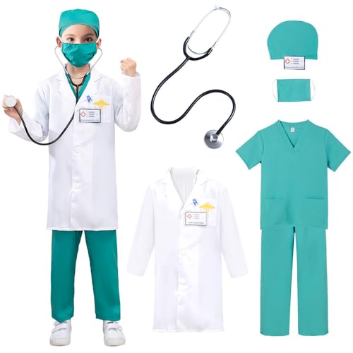 FENGQ Arzt Kostüm Kinder, Arztkittel Kinder, Arztkoffer Kinder Kostüm mit Stethoskop, Hut, OP Oberteile und Hosen Unisex Doktor Rollenspiels Zubehör für Halloween (140cm+) von FENGQ
