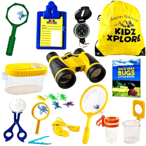 FENGQ Forscherset für Kinder, 18PCS Entdecker Set, Draussen Entdeckerspielzeug Set, mit Fernglas, Insektenfänger, Kompass, Becherlupe, Pfeife, Pinzette, Geschenk für Kinder Camping, Natur Erforschen von FENGQ