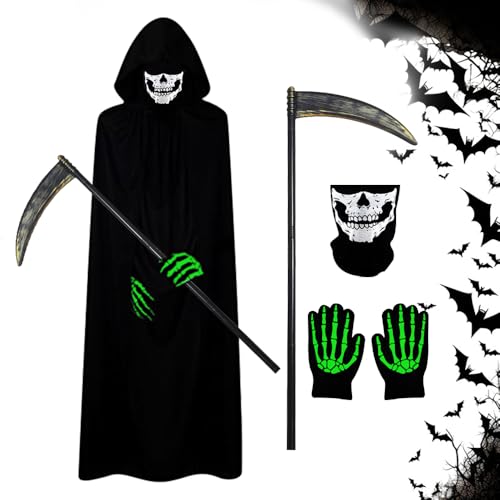 FENGQ Halloween Kostüm Herren, 5PCS Sensenmann Kostüm, 160CM Grim Reaper Kostüm, Halloween Kostüm Erwachsene mit Schädelmaske, Sense, Skelett Handschuhe, Halloween Umhang für Halloween Cosplay Party FENGQ Halloween Kostüm Herren, 5PCS Sensenmann Kostüm, 160CM Grim Reaper Kostüm, Halloween Kostüm Erwachsene mit Schädelmaske, Sense, Skelett Handschuhe, Halloween Umhang für Halloween Cosplay Party von FENGQ