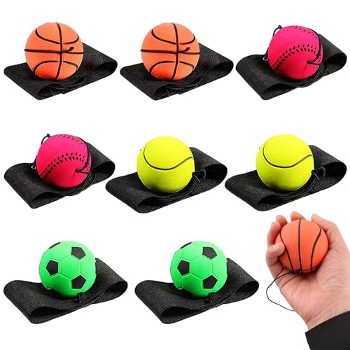 FENGQ Springball mit Schnur, 8 Stück Handgelenk Return Ball, Ø 6 cm Ball an Schnur Kinder, für Kinder und Erwachsene, Fußball, Basketball, Tennis, Basebal(Mehrfarbig) von FENGQ