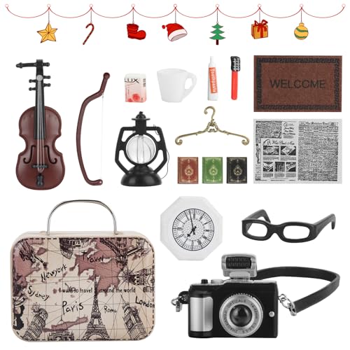 FENGQ Wichtel Zubehör Weihnachten Set, 16 Stück Miniatur Puppenhaus Zubehör, 1/12 Weihnachtswichtel Wichteltür Zubehör Vintage Koffer Kamera Zahnbürste Bücher Brille Zeitung Violine DIY Deko von FENGQ