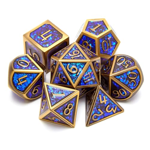 Metallwürfel-Set D&D, 7-teiliges Polyeder DND D20 D12 D10 D8 D6 D4 Dungeons and Dragons Würfel-Set, geeignet für RPG-Spiele, DND-Würfel-Set (Bronze + blaues Pulver) von FENGYI