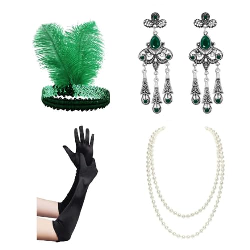 FENOHREFE 1920er Jahre Flapper Zubehör Gatsby Kostüm Zubehör Set Für Frauen 20er Jahre Kopfschmuck Perlen Halskette Handschuhe Ohrringe Set Brüllende 20er Jahre von FENOHREFE