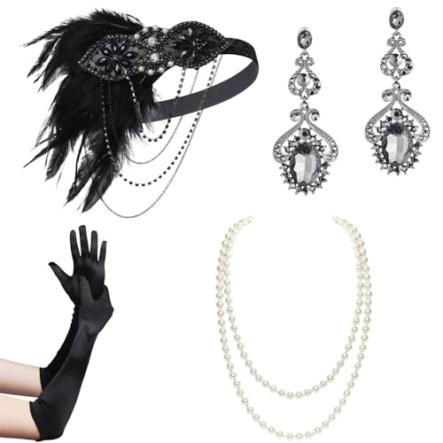 Flapper-Kostüm für Damen, GatsbyParty, Stirnband, Halskette, Ohrringe, Handschuhe, 1920er-Jahre, Vintage-Stil, Cosplay, Party, Kostümzubehör-Set, Halskette und Handschuhe, modisches Accessoire, von FENOHREFE