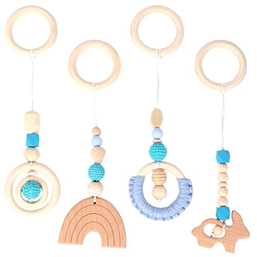 FENYW 4 Stück Spielbogen Baby Spielzeug ab 0 Monate, Anhänger für Spielbogen, Spielebogen Babies Toys, Spielbogen Anhänger Holz für Mädchen Jungen, Blau von FENYW