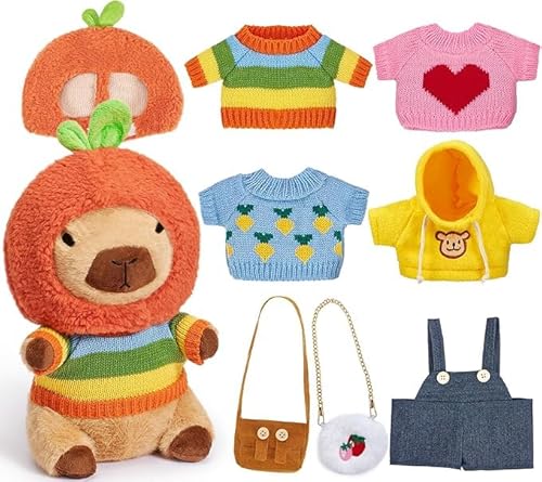 FENYW Capybara Kuscheltier, Capybara Plüschtier, Capybara Plushie mit Kleidung Tasche Hut für Kinder Jungen Mädchen als Heimdekoration, Kindergeburtstagsgeschenk(D-9-teiliges Set) von FENYW