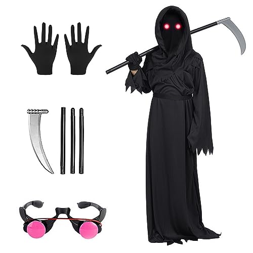FENYW Sensenmann Kostüm Kinder, 5pcs Halloween Kostüm Set Mit Sicheln,Handschuhe,leuchtende Gläser, 133cm Kostüm Sensenmann Kinder, M/L/XL Halloween Sensenmann Cosplay für Cosplay Halloween Kostüm(XL) FENYW Sensenmann Kostüm Kinder, 5pcs Halloween Kostüm Set Mit Sicheln,Handschuhe,leuchtende Gläser, 133cm Kostüm Sensenmann Kinder, M/L/XL Halloween Sensenmann Cosplay für Cosplay Halloween Kostüm(XL) von FENYW