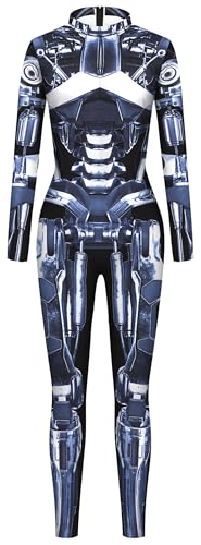 Damen Halloween Kostüm Langarm Jumpsuit 3D Digitaldruck Strampler Lustiger Roboter Bodysuit Catsuit Outfit für Cosplay Party 2024 X-Large von FEOYA
