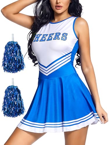 FEOYA Cheerleader-Kostüm für Damen, Schule, Musik, Party, Uniform, Fußball, Babe, Rock mit Socken, Pompons, Halloween-Kleid, Blau, L FEOYA Cheerleader-Kostüm für Damen, Schule, Musik, Party, Uniform, Fußball, Babe, Rock mit Socken, Pompons, Halloween-Kleid, Blau, L von FEOYA
