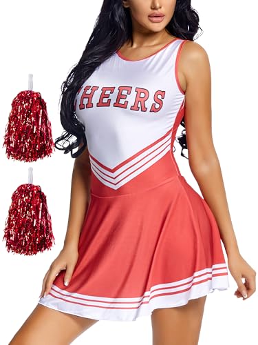FEOYA Cheerleader-Kostüm für Damen, Schule, Musik, Party, Uniform, Fußball, Babe, Rock mit Socken, Pompons, Halloween-Kleid, Rot/Ausflug, einfarbig (Getaway Solids), XL von FEOYA