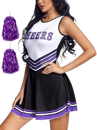 FEOYA Cheerleader-Kostüm für Damen, Schule, Musik, Party, Uniform, Fußball, Babe, Rock mit Socken, Pompons, Halloween-Kleid, Schwarz, XL FEOYA Cheerleader-Kostüm für Damen, Schule, Musik, Party, Uniform, Fußball, Babe, Rock mit Socken, Pompons, Halloween-Kleid, Schwarz, XL von FEOYA