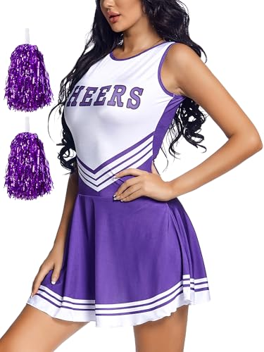 FEOYA Cheerleader-Kostüm für Damen, Schule, Musik, Party, Uniform, Fußball, Babe, Rock mit Socken, Pompons, Halloween-Kleid, Violett, M FEOYA Cheerleader-Kostüm für Damen, Schule, Musik, Party, Uniform, Fußball, Babe, Rock mit Socken, Pompons, Halloween-Kleid, Violett, M von FEOYA