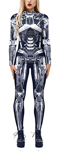 FEOYA Damen Jumpsuit Halloween 3D Roboter Print Catsuit Cosplay Bodysuit Lange Ärmel Reißverschluss Hinten Stehkragen Overall Halloween Kostüm für Damen Silber Roboter M von FEOYA