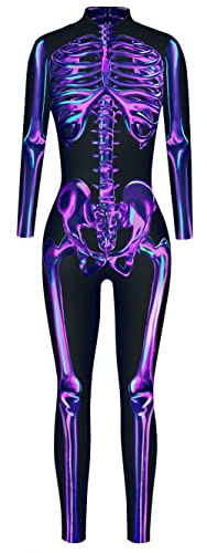 FEOYA Damen Schädel Skelett Halloween Kostüm Jumpsuit Bodysuit Bodycon Outfit Lila Skelett Overall XL von FEOYA