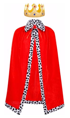 FEOYA Jungen Kostüm Halloween Mittelalter Kinder Kostüme König Königskrone Mädchen Umhang Mit Krone Märchen Königin Mittelalter Prinz Königskrone Geburtstag Märchen Party Mittelalter Rot 120Cm von FEOYA