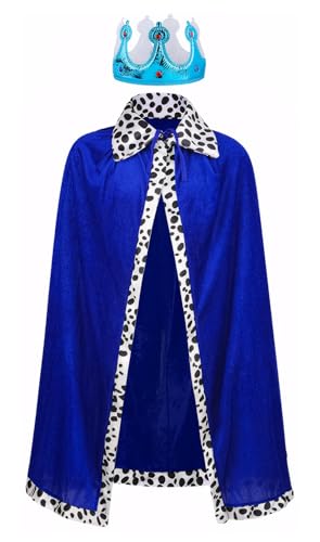 FEOYA Kinder Kostüme Halloween Königskrone Mädchen Umhang König Märchen Jungen Kostüm Mit Krone Mittelalter Königin Königskrone Prinz Märchen Geburtstag Mittelalter Party Königskrone Blau 120Cm von FEOYA