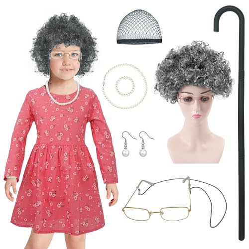 FEOYA Mädchen Oma Kostüm Old Lady Perücke Set Großmutter 8 Stück Cosplay Zubehör Set Karneval Halloween Oma Perücke Perücke Kappe Brille Brillenketten Perlenkette Ohrringe Krücke 5-6 Jahre FEOYA Mädchen Oma Kostüm Old Lady Perücke Set Großmutter 8 Stück Cosplay Zubehör Set Karneval Halloween Oma Perücke Perücke Kappe Brille Brillenketten Perlenkette Ohrringe Krücke 5-6 Jahre von FEOYA