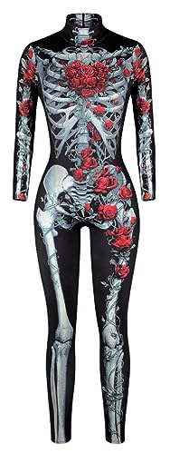 FEOYA Skelett Overall Halloween Kostüm Damen Jumpsuit Knochen Skeleton Anzug Karneval Fasching Skelett Cosplay - XL von FEOYA