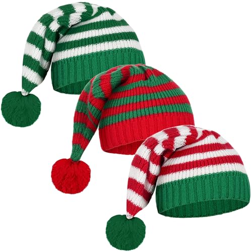 FEOYA Weihnachtsmütze Nikolausmütze für Erwachsene & Kinder Rote Santa Mütze Pompon Gestrickte Weihnachtsmann Mütze im Neuen Jahr Grün Rot von FEOYA