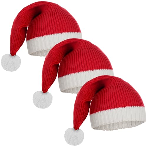 FEOYA Weihnachtsmütze Nikolausmütze für Erwachsene & Kinder Rote Santa Mütze Pompon Gestrickte Weihnachtsmann Mütze im Neuen Jahr Rot von FEOYA