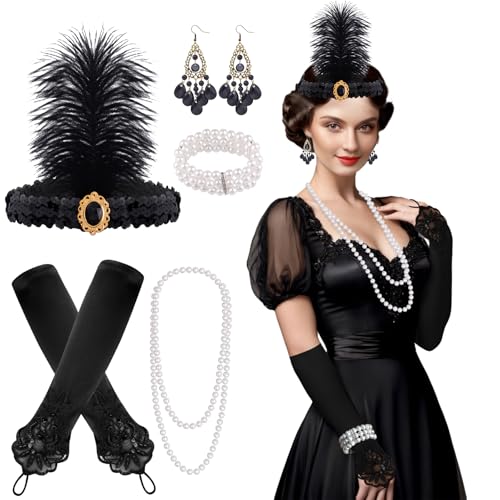 FEPITO 1920er Flapper Great Gatsby Accessoires Set - Fashion Roaring 20's Theme Mit Stirnband Kopfschmuck, Lange Schwarze Handschuhe, Halskette, Ohrringe für Damen (Set E) von FEPITO