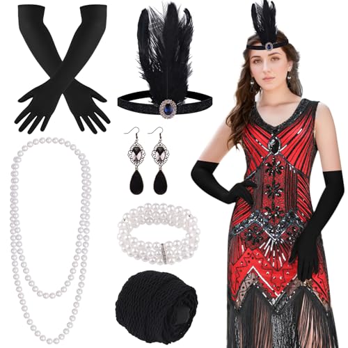 FEPITO Flapper-Kleider im Stil der 1920er Jahre für Damen, mit Fransen und Pailletten besetztes Great Gatsby-Kleid für Damen mit Accessoires im Stil der 20er Jahre（Red（style 4，Small von FEPITO