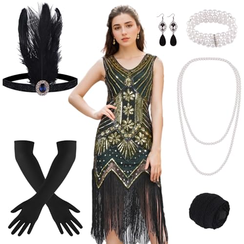 FEPITO Flapper-Kleider im Stil der 1920er Jahre für Damen, mit Fransen und Pailletten besetztes Great Gatsby-Kleid für Damen mit Accessoires im Stil der 20er Jahre(green（style 3）, XLarge) von FEPITO