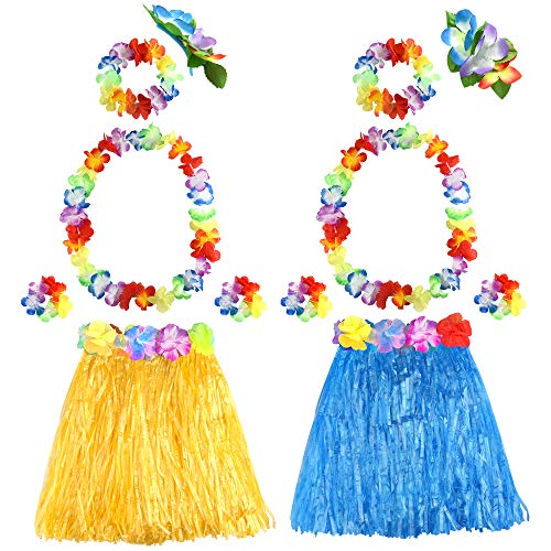 FEPITO 2 Set Hawaiian Gras Hula Rock mit Blume Leis Halskette Stirnband Armbänder Kleid Kostüm Set für Mädchen Frau Luau Hawaiian Dance Rock Party Gefälligkeiten von FEPITO