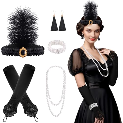 FEPITO 8 teilig 1920er Flapper Great Gatsby Accessoires Set Fashion Roaring 20's Theme Set mit Stirnband Kopfschmuck Lange schwarze Handschuhe Halskette Ohrringe für Damen（Set D） von FEPITO