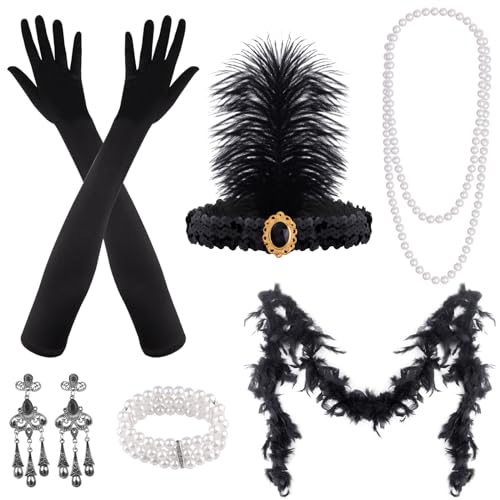 FEPITO 9 Pcs 1920er Jahre Zubehör Set Flapper Stirnband Halskette Ohrringe Lange Schwarze Handschuhe Boa Great Gatsby Thema Party Zubehör für Frauen (Set G) von FEPITO