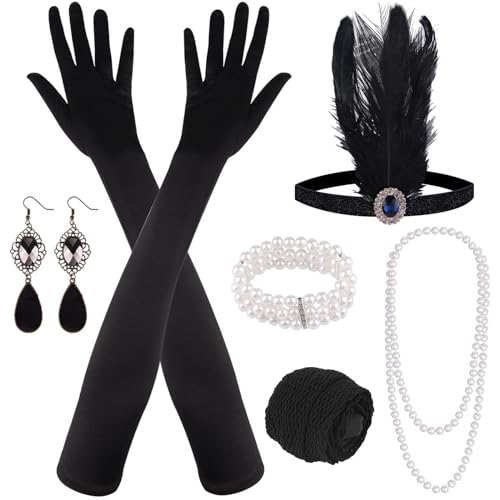 FEPITO 9 PCS 20er jahre great gatsby accessoires damen 1920er jahre kostüm zubehör set mit Stirnband, langen schwarzen Handschuhen, Halskette, Ohrringen für Damen von FEPITO