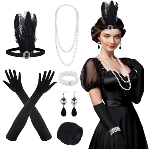 FEPITO 9 PCS 20er jahre great gatsby accessoires damen 1920er jahre kostüm zubehör set mit Stirnband, langen schwarzen Handschuhen, Halskette, Ohrringen für Damen von FEPITO