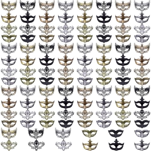 FEQO 108 Stück Venezianische Maskerade Maske Karnevals Vintage Antik Masken Retro Venezianische Masken für Damen Herren(Fuchs, Pfeile, Pfau, Kleines Fräulein) von FEQO