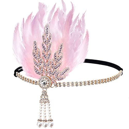 FERCAISH 1920er Jahre Flapper Stirnband - Brüllende 20er Rosa Feder Kristall Haarschmuck für Frauen Junggesellenabschied (Rosa) von FERCAISH