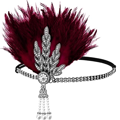 FERCAISH 1920er Jahre Flapper Stirnband, Brüllende 20er Jahre Rote Feder Kristall Haarschmuck für Frauen, Bachelor Party (Rot) von FERCAISH