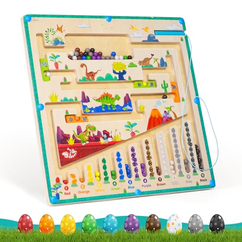 Magnetspiel Labyrinth Spielzeug Farben und Zahlen Lernen Sortierspiel Montessori pädagogisches Holzspielzeug Motorikspielzeug Kinder Geschenk für Mädchen Junge ab 2 Jahren (Dinosaurier) von FERSTALO